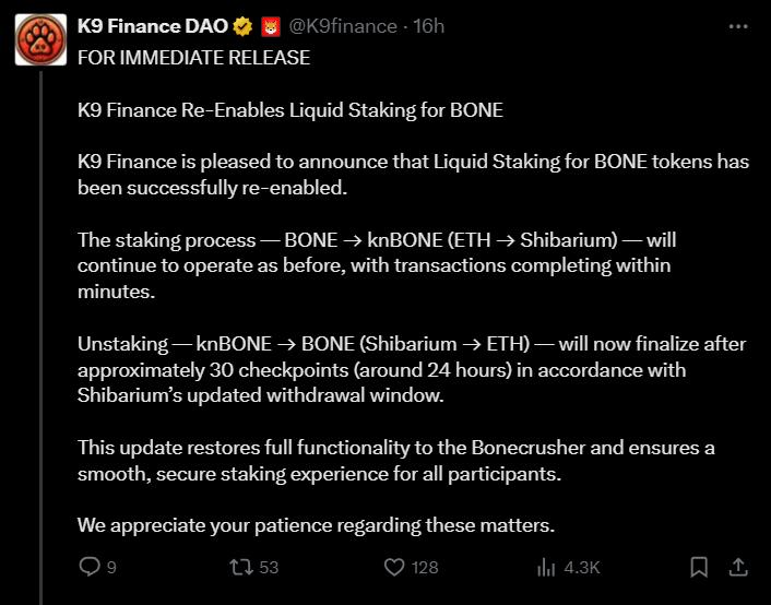 K9 Finance Relaunches Liquid Staking on Shibarium After Bridge Exploit