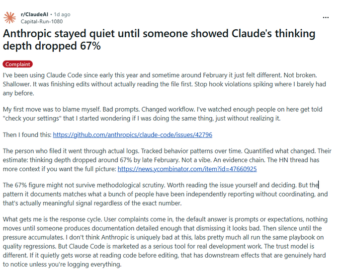 Anthropic Cuts Claude 4.6 Thinking Depth by 67%, Data Shows
credits: Reddit r/ClaudeAI
